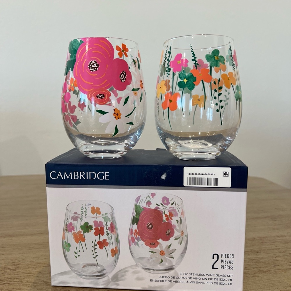 Floral Stemless Wine Glass Set - Multicolor
